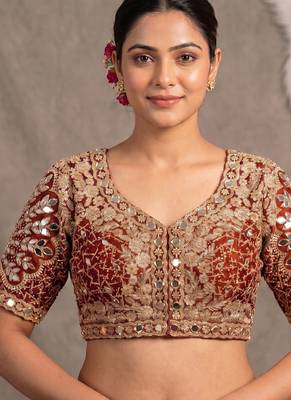 Rust italian silk heavy embroidered readymade blouse with real mirror and zari work 1