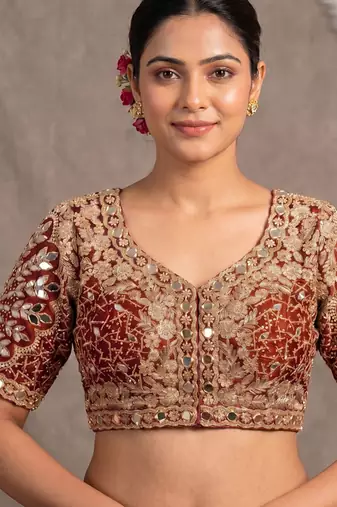 Rust italian silk heavy embroidered readymade blouse with real mirror and zari work