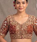Rust italian silk heavy embroidered readymade blouse with real mirror and zari work