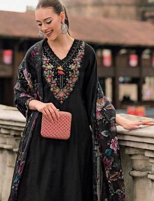 Floral yoke design thread work a-line kurta with trousers & dupatta 5
