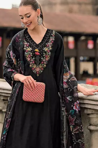 Floral yoke design thread work a-line kurta with trousers & dupatta