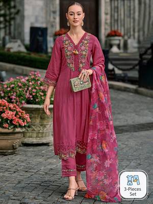 Floral yoke design thread work a-line kurta with trousers & dupatta 1
