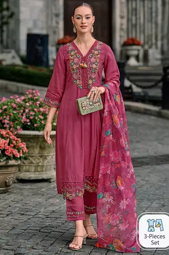 Floral yoke design thread work a-line kurta with trousers & dupatta