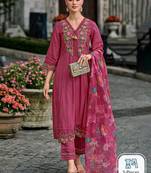 Floral yoke design thread work a-line kurta with trousers & dupatta