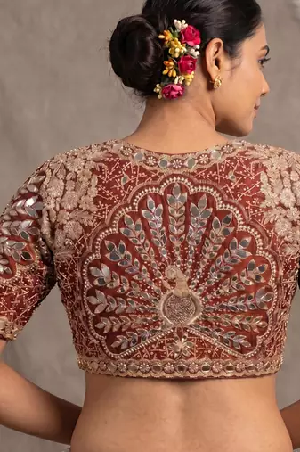 Rust italian silk heavy embroidered readymade blouse with real mirror and zari work