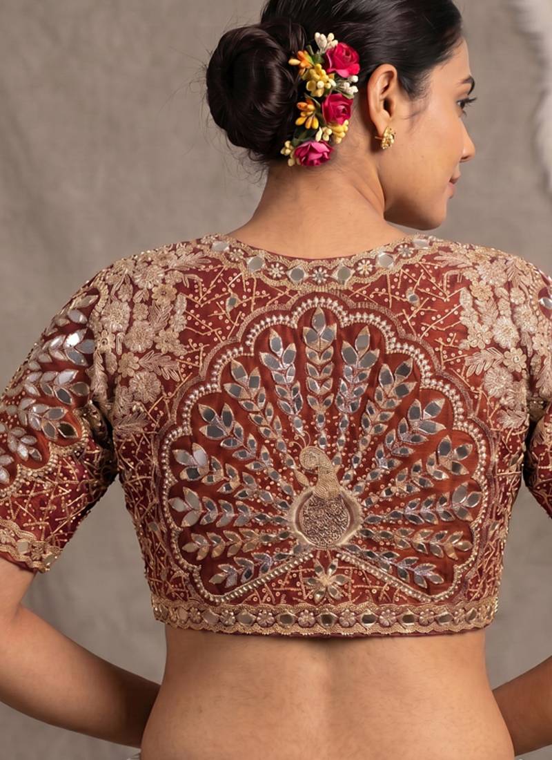 Rust italian silk heavy embroidered readymade blouse with real mirror and zari work