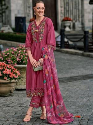 Floral yoke design thread work a-line kurta with trousers & dupatta 3