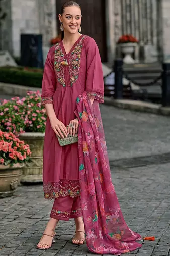 Floral yoke design thread work a-line kurta with trousers & dupatta