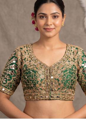 Green italian silk heavy embroidered readymade blouse with real mirror and zari work 1