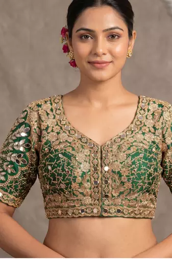 Green italian silk heavy embroidered readymade blouse with real mirror and zari work