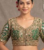 Green italian silk heavy embroidered readymade blouse with real mirror and zari work