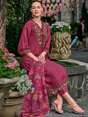 Floral yoke design thread work a-line kurta with trousers & dupatta 4