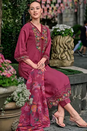 Floral yoke design thread work a-line kurta with trousers & dupatta
