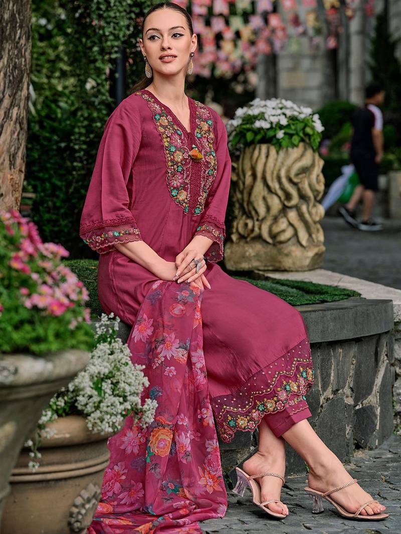 Floral yoke design thread work a-line kurta with trousers & dupatta