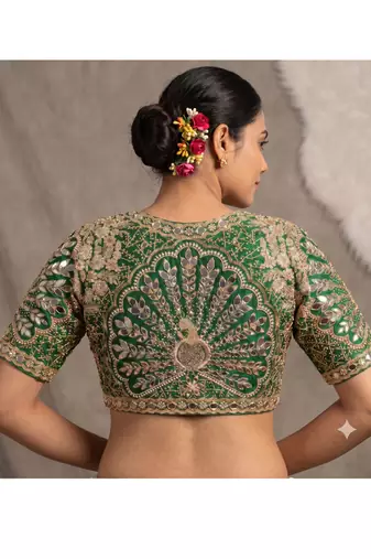 Green italian silk heavy embroidered readymade blouse with real mirror and zari work