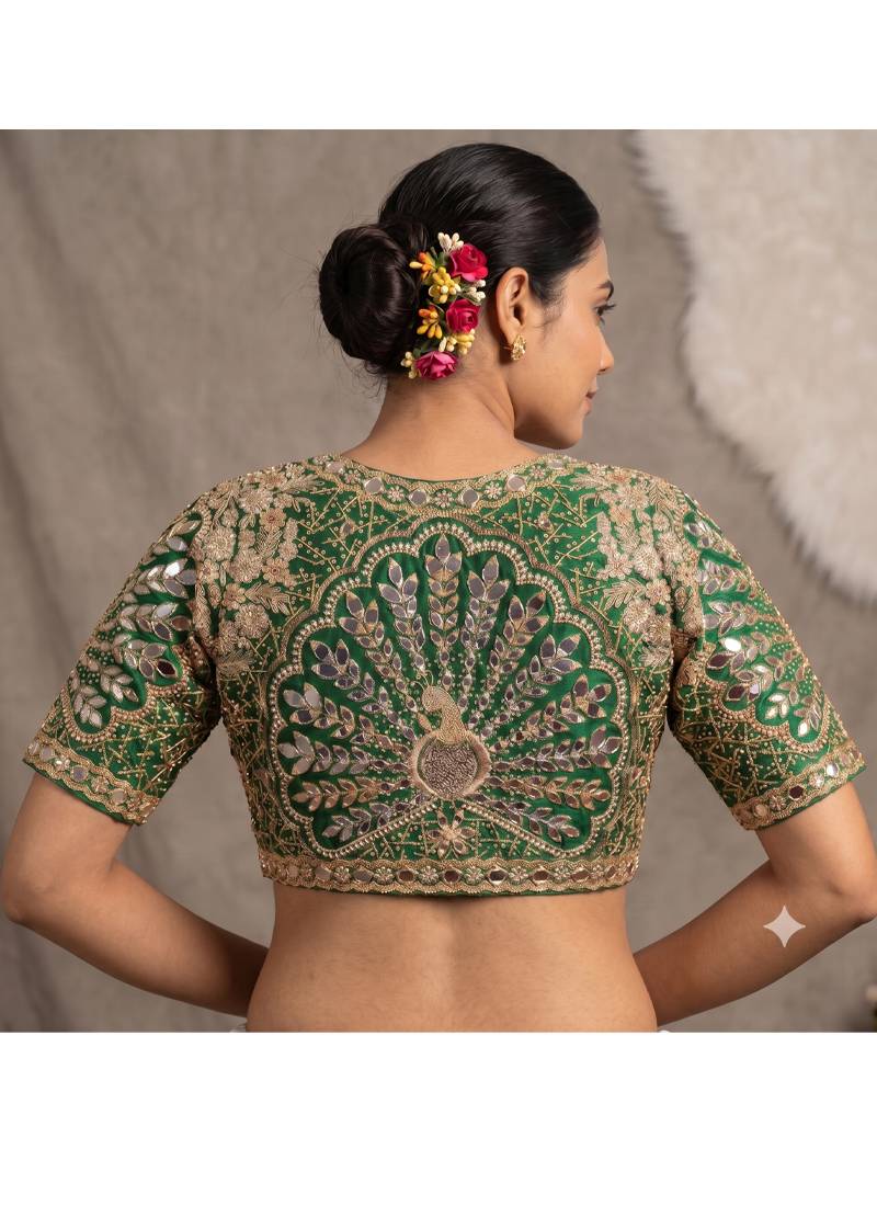 Green italian silk heavy embroidered readymade blouse with real mirror and zari work