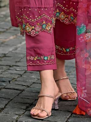 Floral yoke design thread work a-line kurta with trousers & dupatta 5