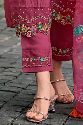 Floral yoke design thread work a-line kurta with trousers & dupatta