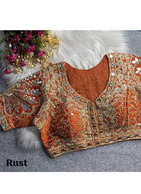 Rust italian silk heavy embroidered readymade blouse with real mirror and zari work 3
