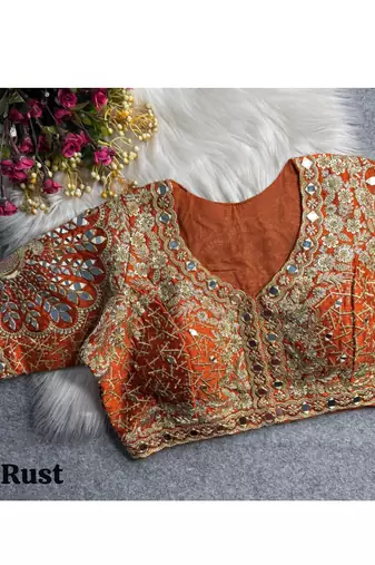 Rust italian silk heavy embroidered readymade blouse with real mirror and zari work