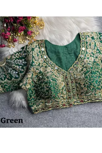 Green italian silk heavy embroidered readymade blouse with real mirror and zari work