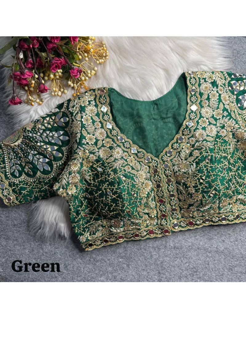 Green italian silk heavy embroidered readymade blouse with real mirror and zari work