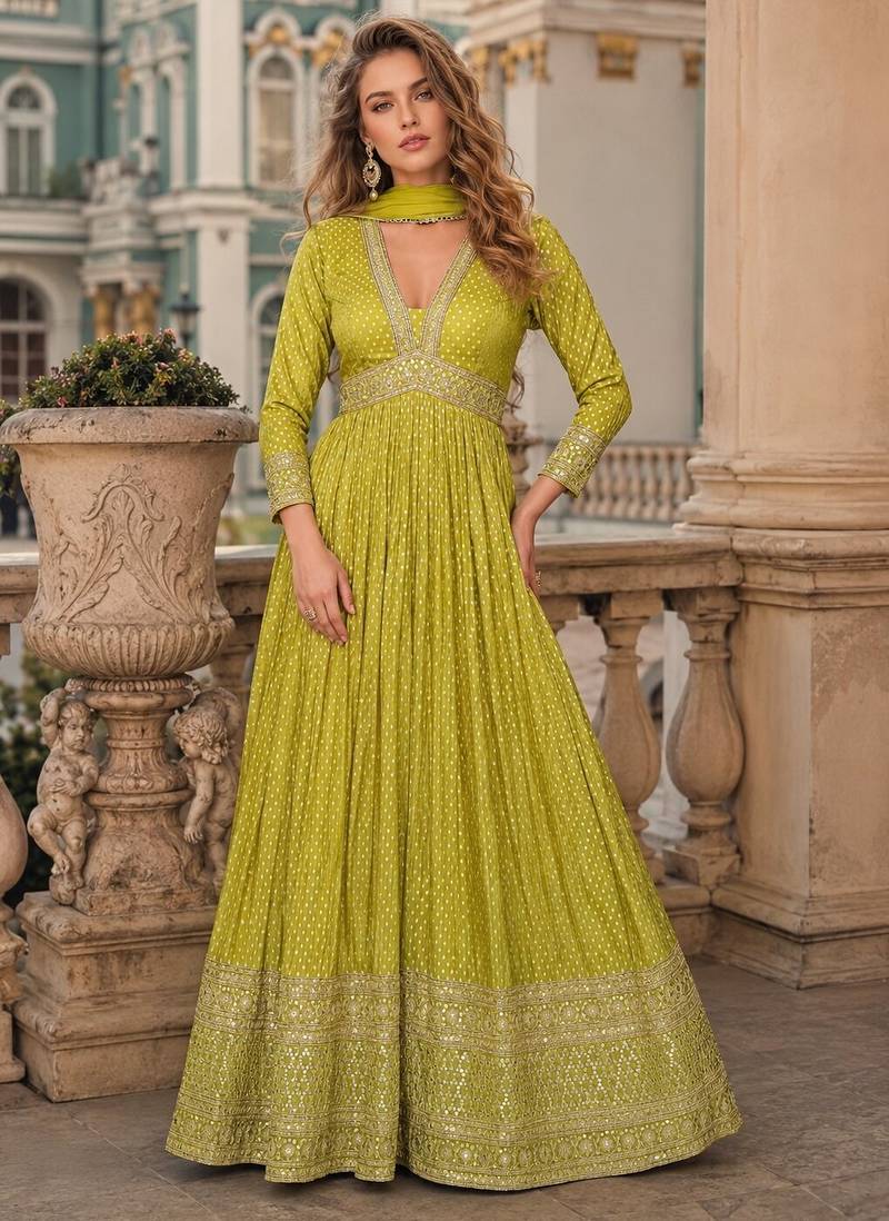 Lime viscose simar jacquard stiched hand made khatli work anarkali gown (free size)