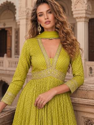 Lime viscose simar jacquard stiched hand made khatli work anarkali gown (free size) 2