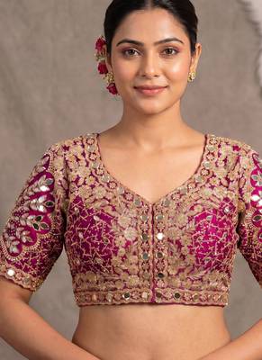 Magenta italian silk heavy embroidered readymade blouse with real mirror and zari work 1