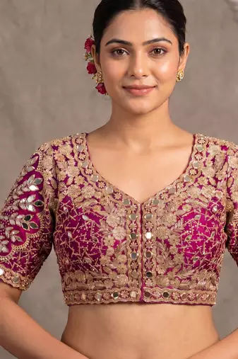 Magenta italian silk heavy embroidered readymade blouse with real mirror and zari work