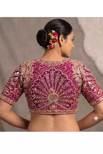 Magenta italian silk heavy embroidered readymade blouse with real mirror and zari work