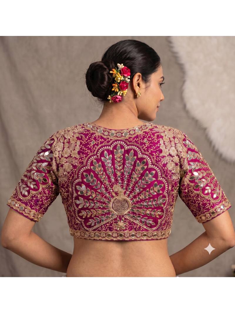 Magenta italian silk heavy embroidered readymade blouse with real mirror and zari work