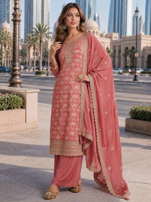 Peach viscose muslin suit with sequin & zari work 1