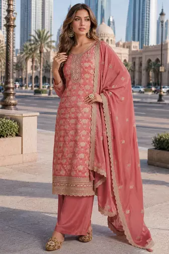 Peach viscose muslin semi stitched suit with sequin & zari work
