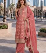 Peach viscose muslin semi stitched suit with sequence & zari work