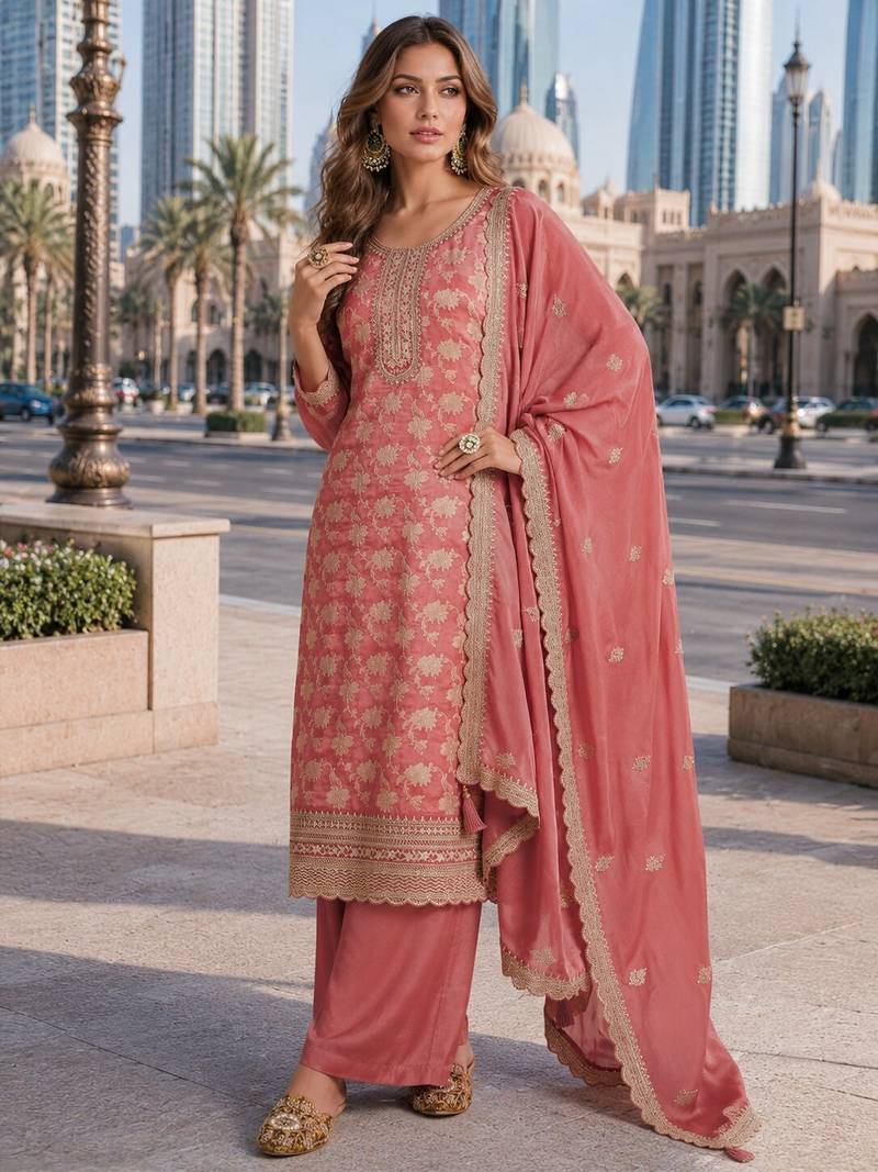 Peach viscose muslin semi stitched suit with sequence & zari work