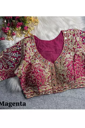 Magenta italian silk heavy embroidered readymade blouse with real mirror and zari work