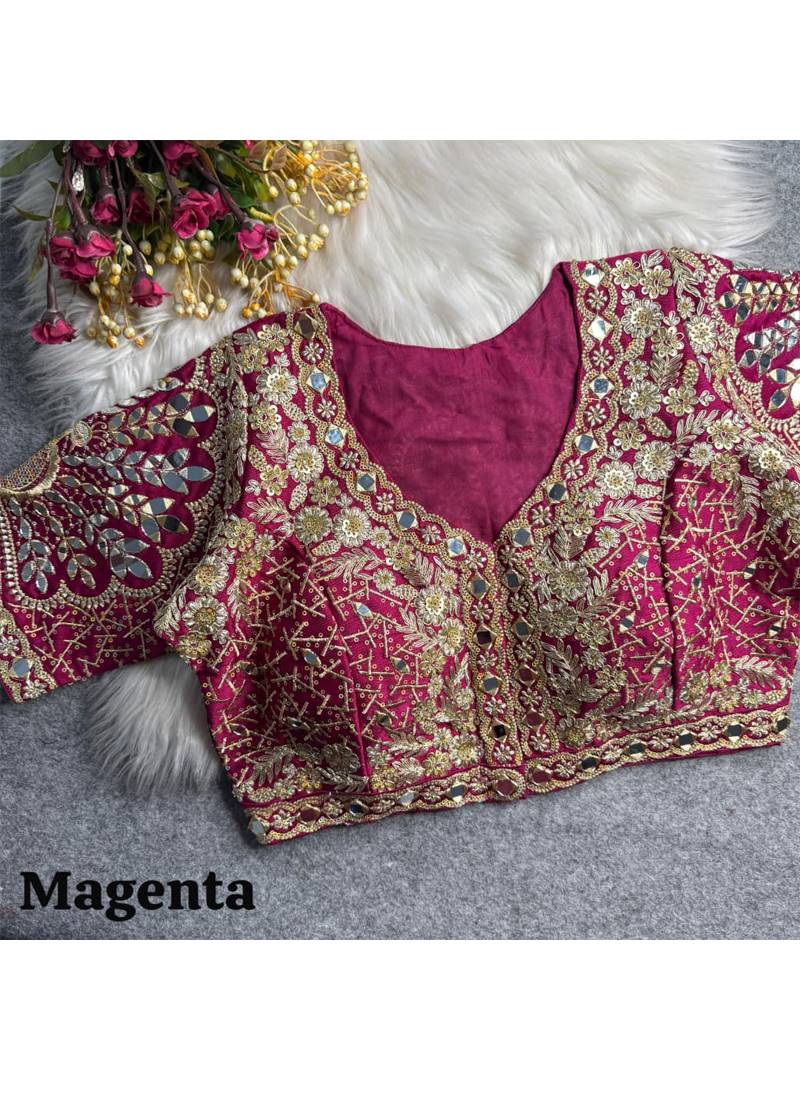 Magenta italian silk heavy embroidered readymade blouse with real mirror and zari work