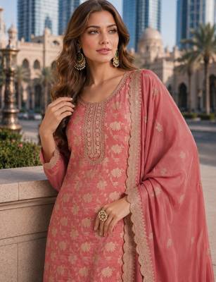 Peach viscose muslin suit with sequin & zari work 2