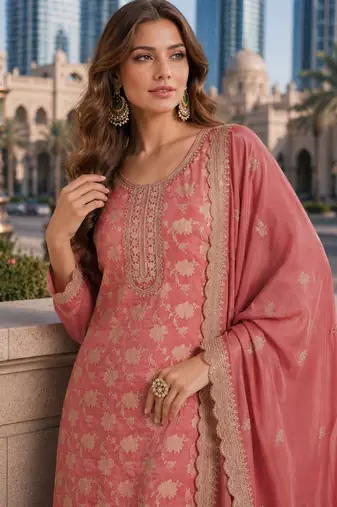 Peach viscose muslin semi stitched suit with sequin & zari work