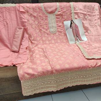 Peach viscose muslin suit with sequin & zari work 3