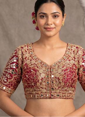 Maroon italian silk heavy embroidered readymade blouse with real mirror and zari work 1
