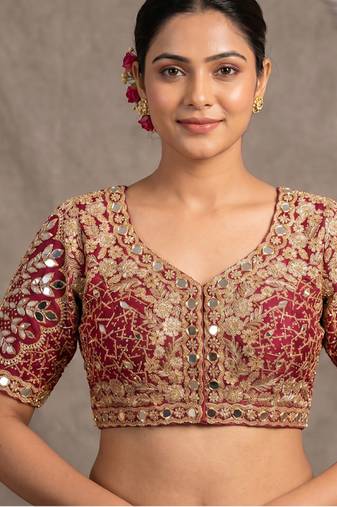 Maroon italian silk heavy embroidered readymade blouse with real mirror and zari work