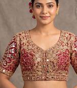 Maroon italian silk heavy embroidered readymade blouse with real mirror and zari work