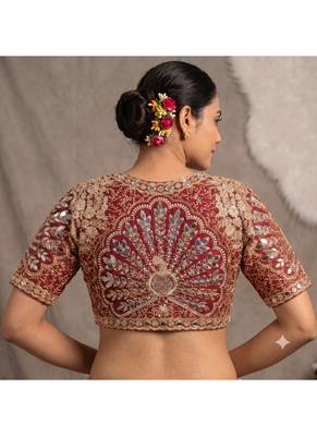 Maroon italian silk heavy embroidered readymade blouse with real mirror and zari work 2