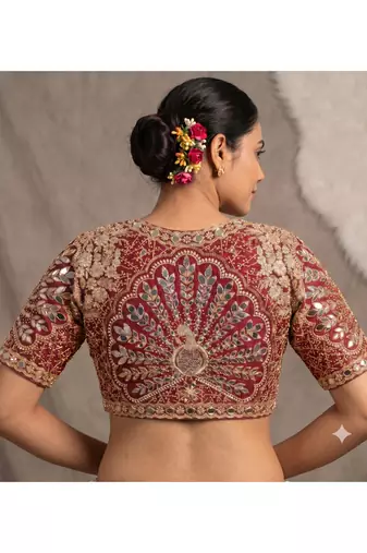 Maroon italian silk heavy embroidered readymade blouse with real mirror and zari work
