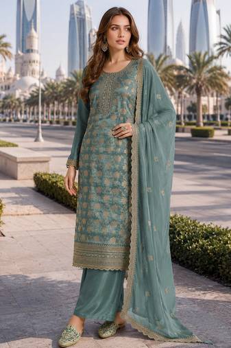 Sky blue viscose muslin suit with sequin & zari work