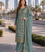 Sky blue viscose muslin semi stitched suit with sequence & zari work