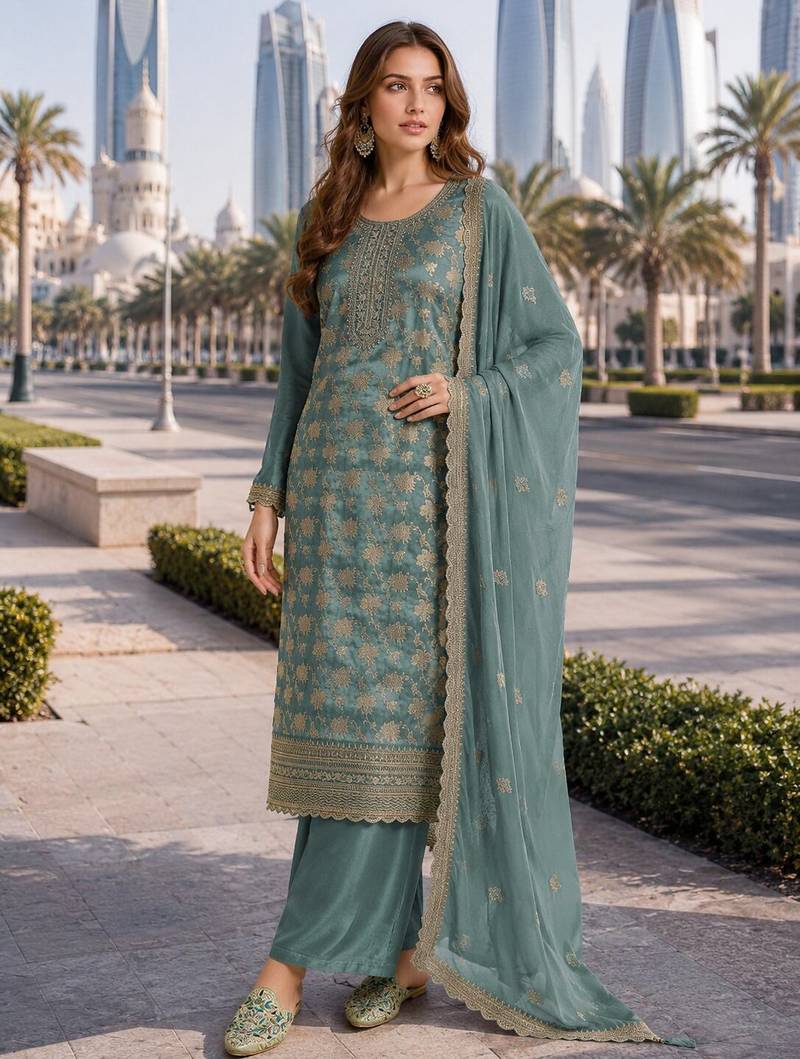 Sky blue viscose muslin semi stitched suit with sequence & zari work