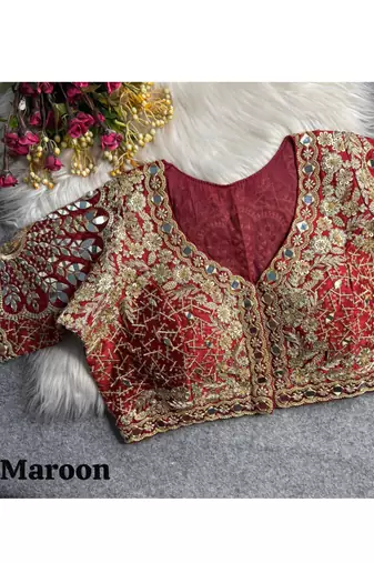 Maroon italian silk heavy embroidered readymade blouse with real mirror and zari work